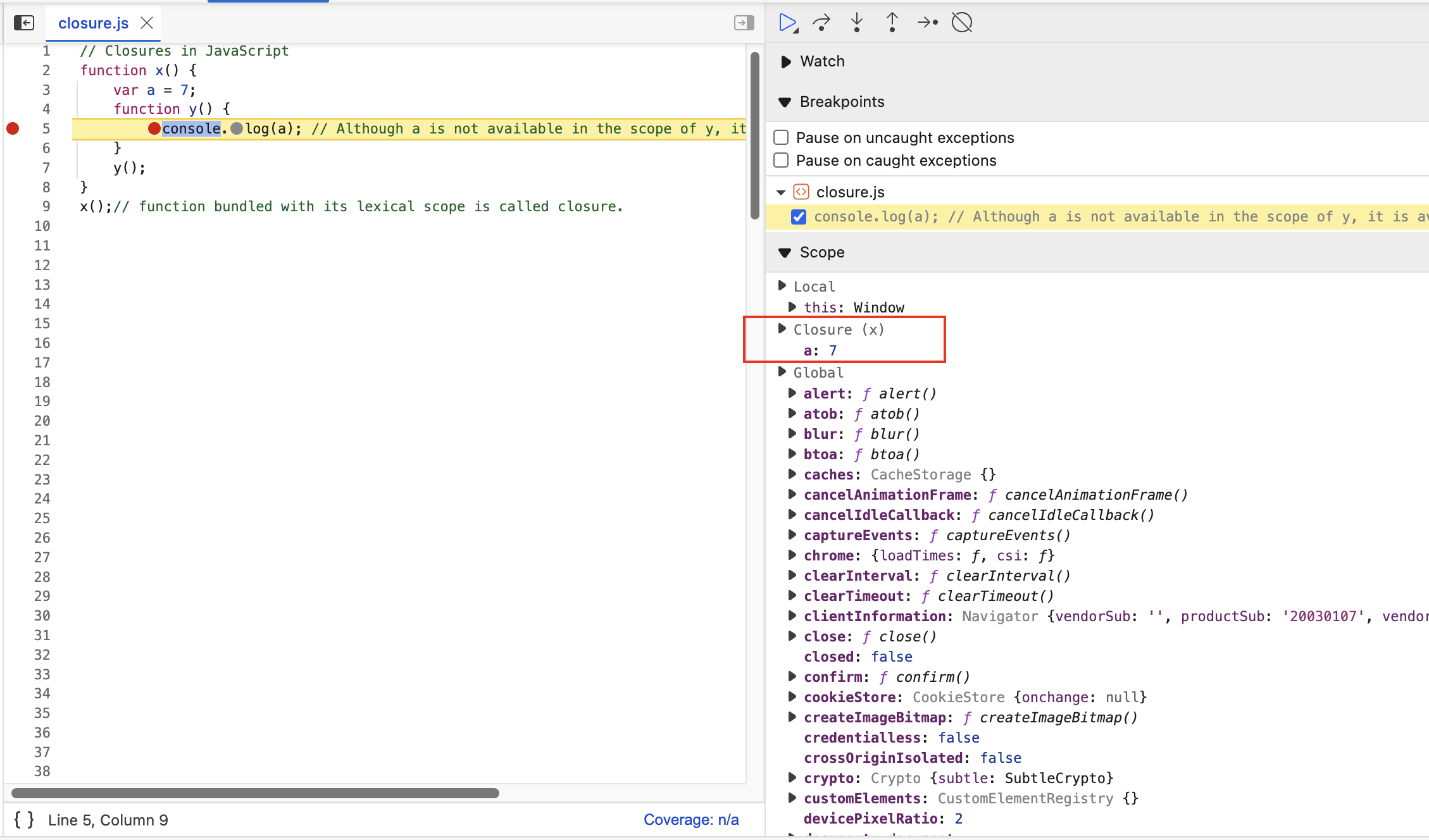 Debugger showing closure scope