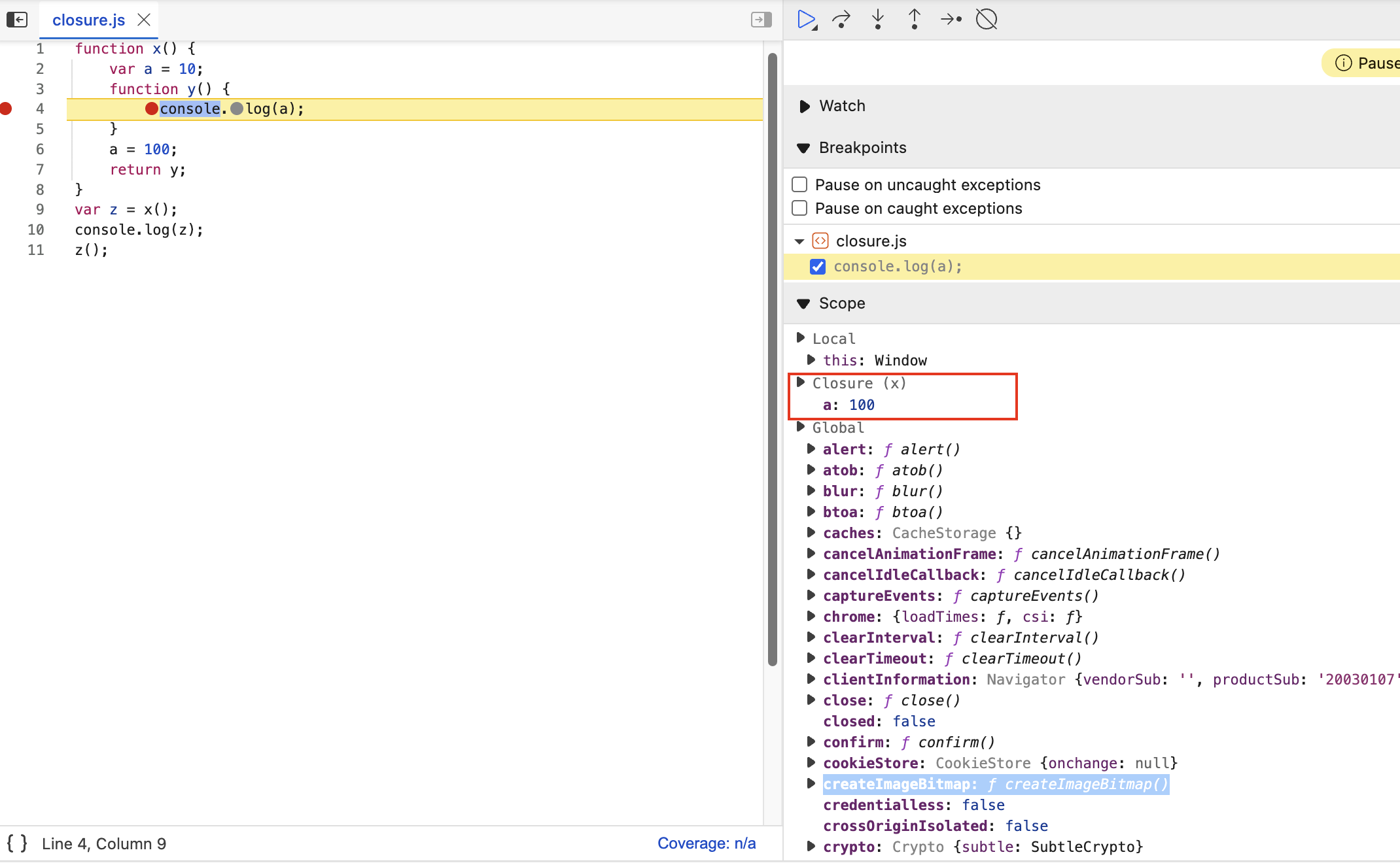 Debugger showing updated value in closure