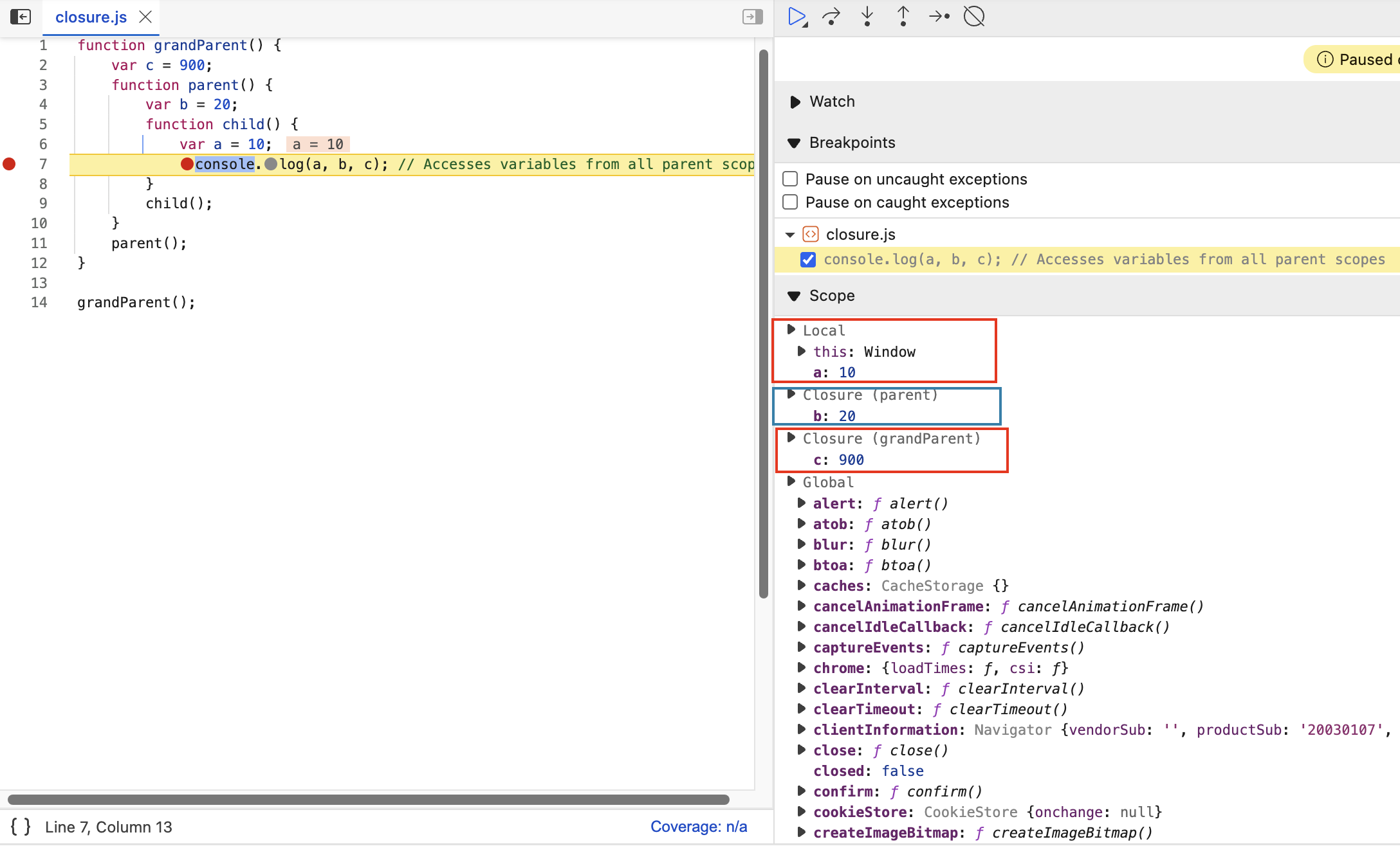 Debugger showing multiple closures
