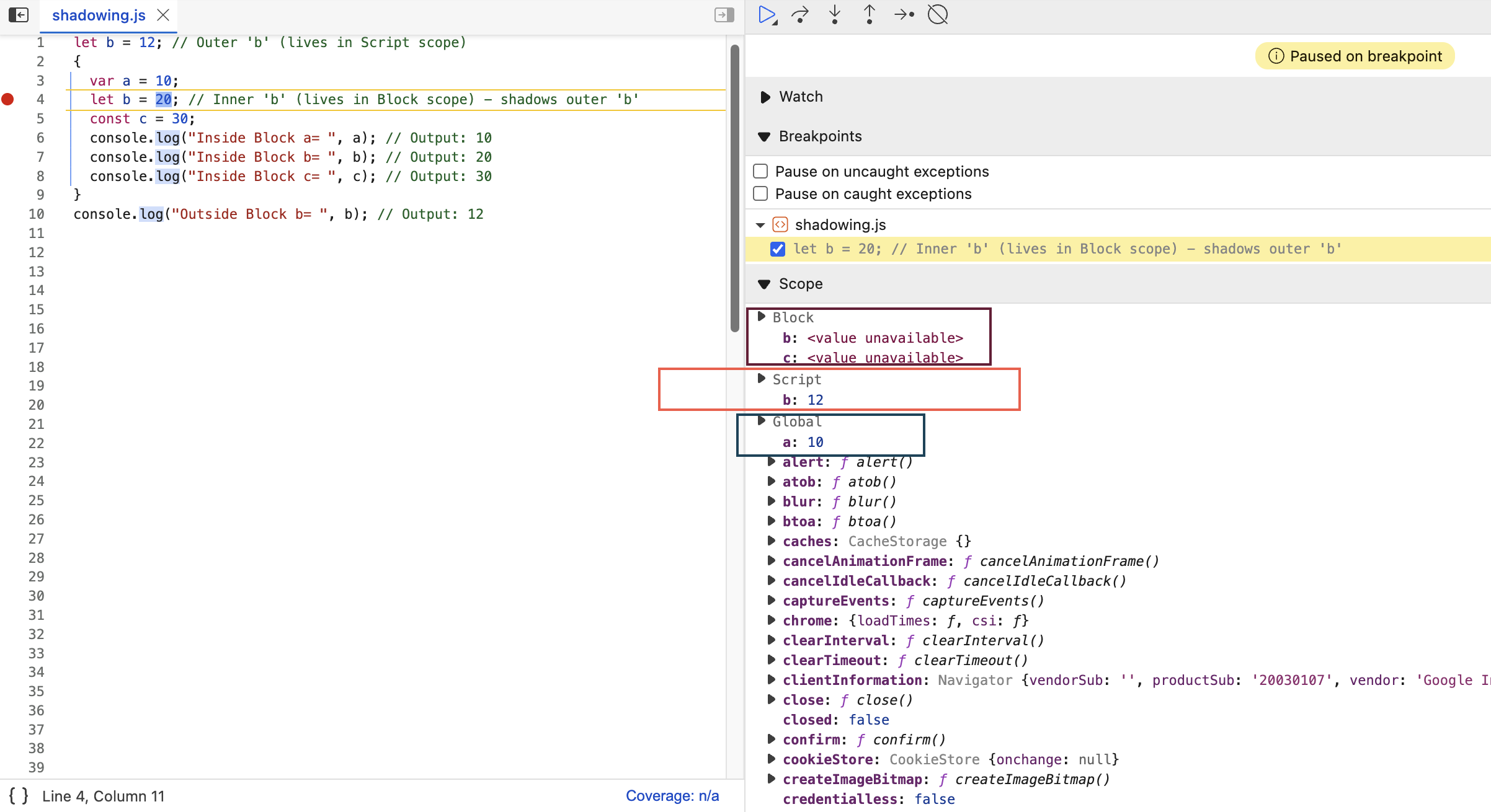 Debugger view showing different scopes for 'let'
