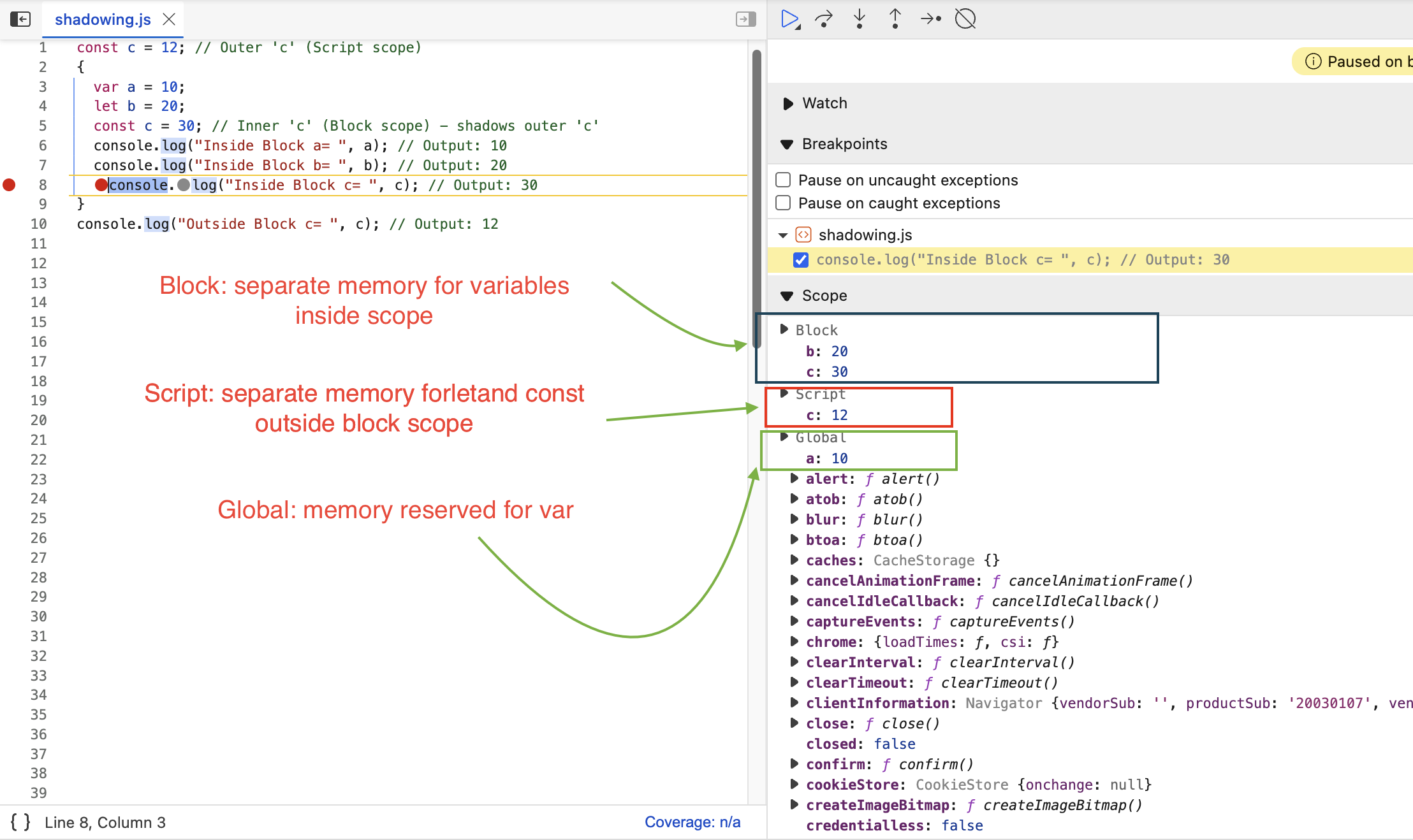 Debugger view showing different scopes for 'const'