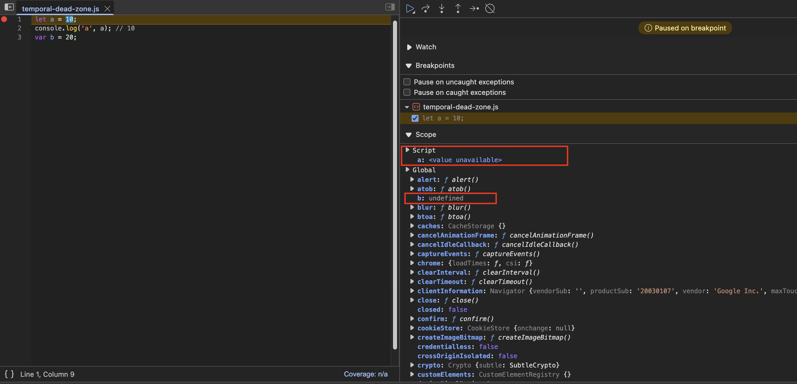 Debugging let vs var hoisting in browser